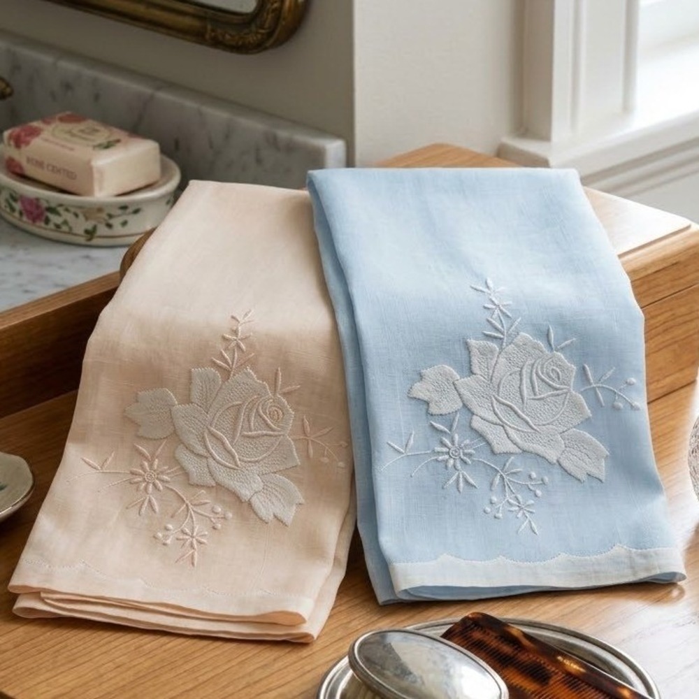 Vintage Embroidered Linen Hand Towels Blue Cream Rose Scalloped Edge Cottagecore